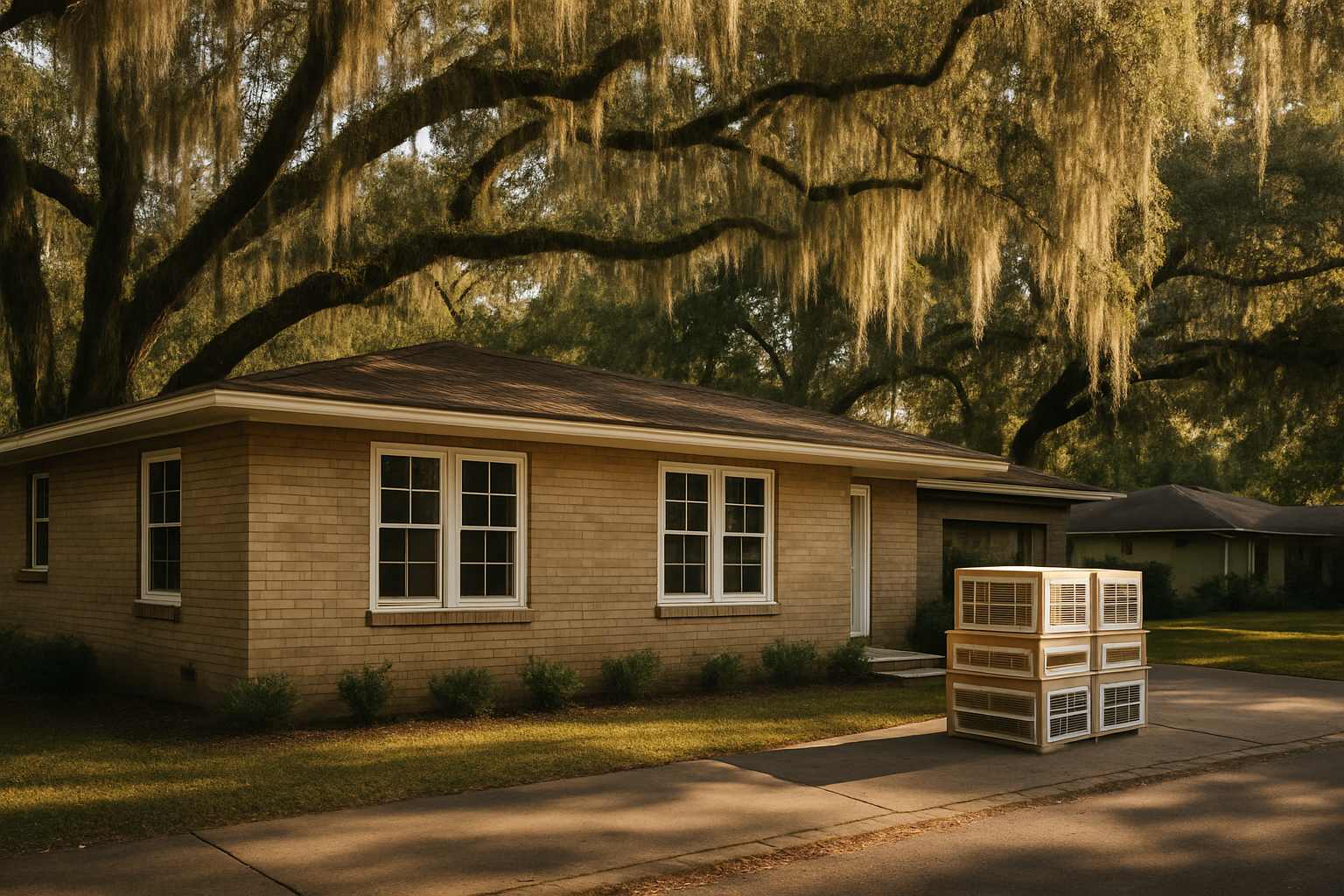 Brick ranch home on a Gainesville, FL street under live oaks with new replacement windows and boxed window units staged in the driveway.